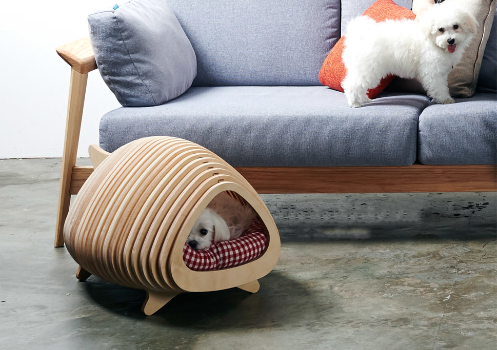 Wood Fishbone Round Cat House Cute Puppy Beds For Balcony Living Room