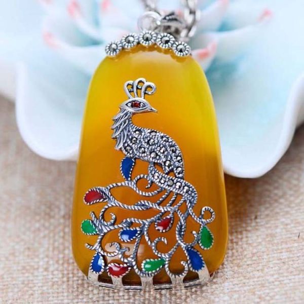 Retro Thailand Sterling Silver Synthesized Yellow Chalcedony Pendant Necklace(052775W)