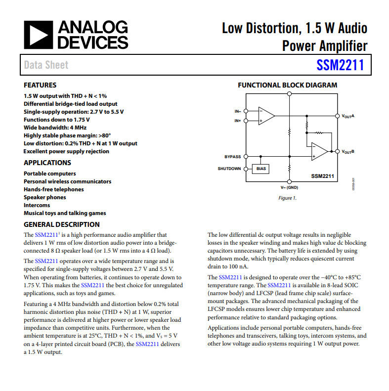 Усилитель IC SSM2211SZ-REEL 1-канального (моно) класса AB 8-SOIC