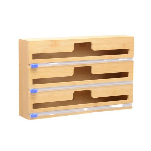 Kitchen Drawer 2 In 1 Bamboo Plastic Wrap Dispenser With Cutter