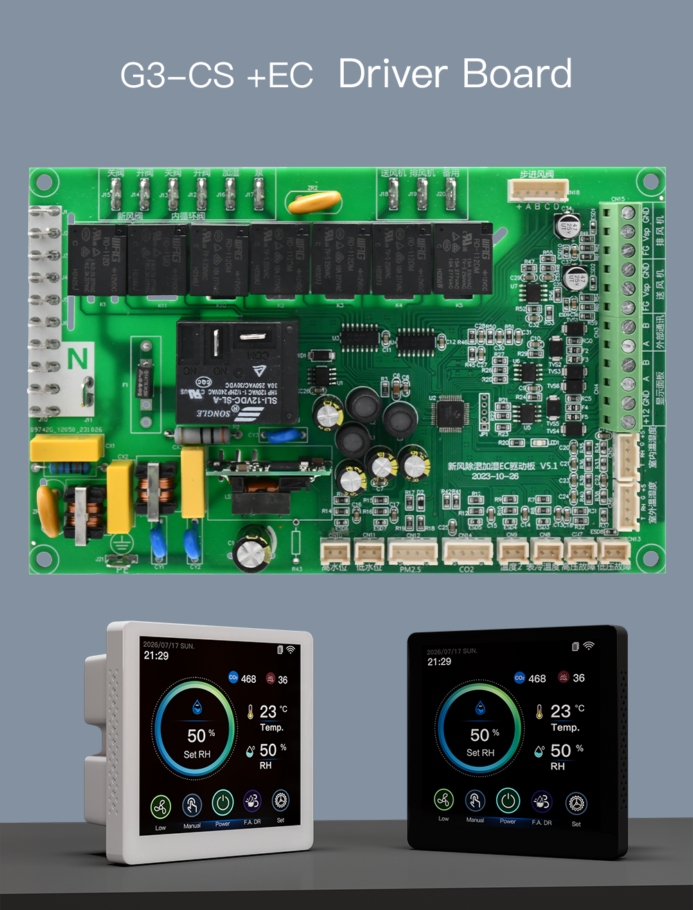 2-in-1 Fresh Air and Dehumidification Smart HVAC Controller with AC EC DC Fan Compatibility and Built-in Temp Humidity PM2.5 CO2 Sensors