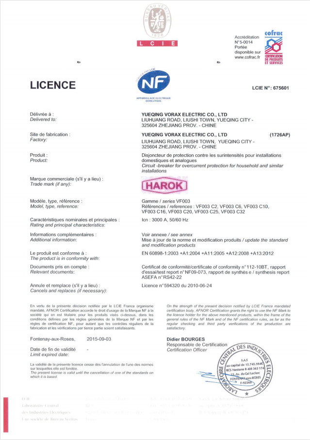 Yueqing Vorax Electric CO.,LTD Сертификации