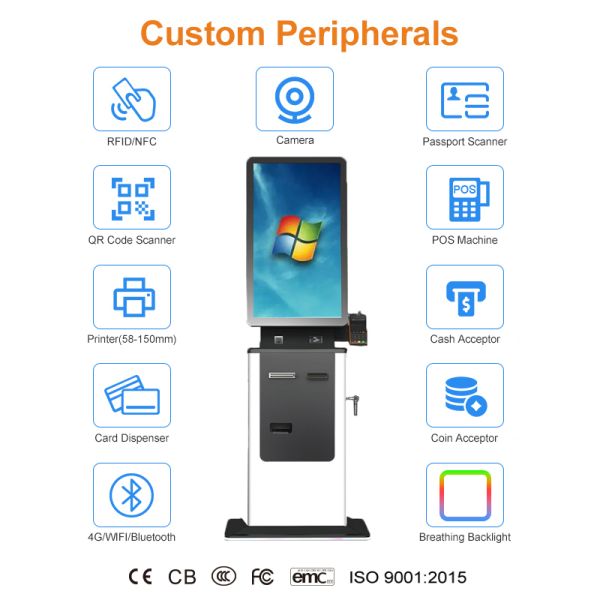 27 32 Inch Capacitive Touch Screen Smart Self Service Hotel Check-In Kiosk Card Dispenser Passport Scanner Cash Payment SDK
