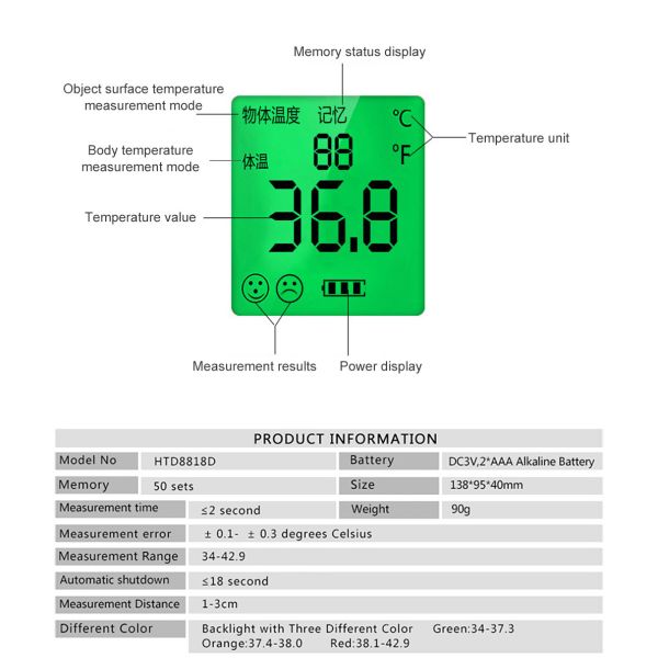 Plastic Digital Infrared Forehead Thermometer , Non Contact Infrared Thermometer For Body Temperature