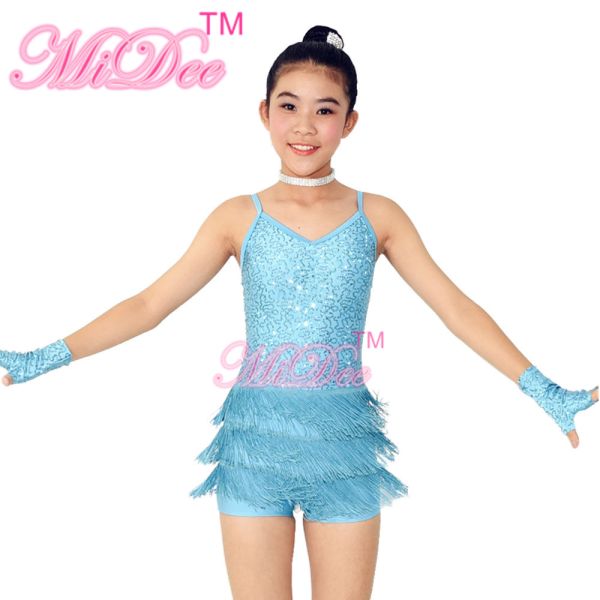 3 Layer Latin Dance Costumes Biketard V - Neck Bodice Flying Fringe Skirt Outfits