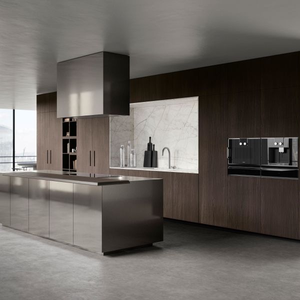 Custom Aluminio Simple Veneer de madera gabinete de la pared cocina moderna 304 de acero inoxidable gabinete de la cocina con isla