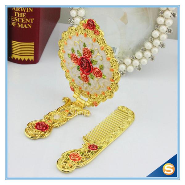 Circular Rose Design Classic Retro Makeup Mirrors One Side Ladies Handle Metal Cosmetic Mirrors