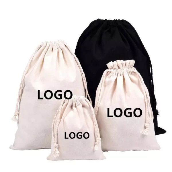 Reusable School Bag Trolley Custom Logo Printed Linen Cotton Canvas Drawstring Bag