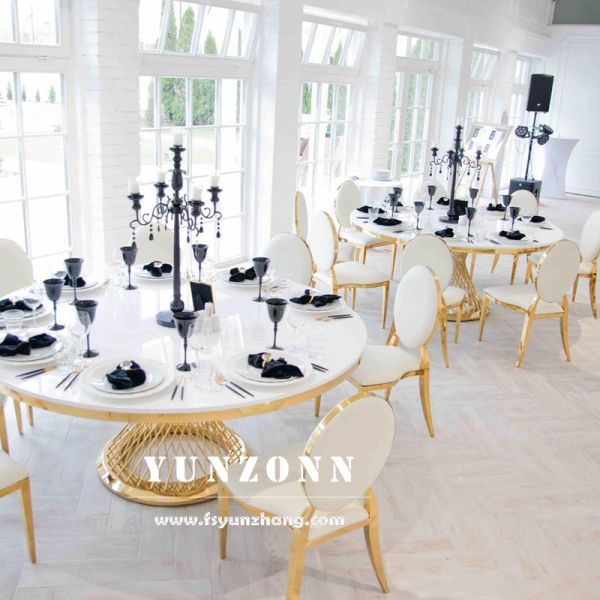 Luxury Furniture Event Party Glod Stainless Steel Glass Fishnet Round Banquet Hall Tables for Wedding
