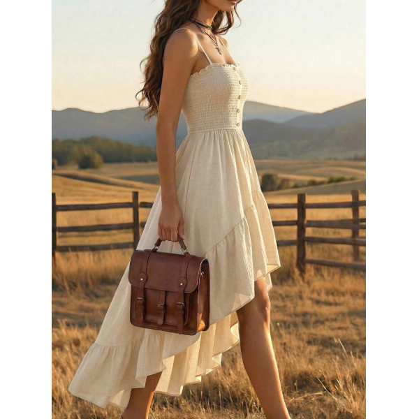 Bohemian Women's Dress with Front Short Back Long Hem Cinched Waist and Soft Lightweight Fabric