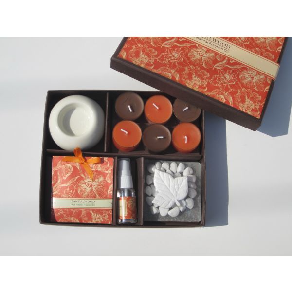 Orange & Brown scented & assorted tealight candle & candle holder packed into gift box