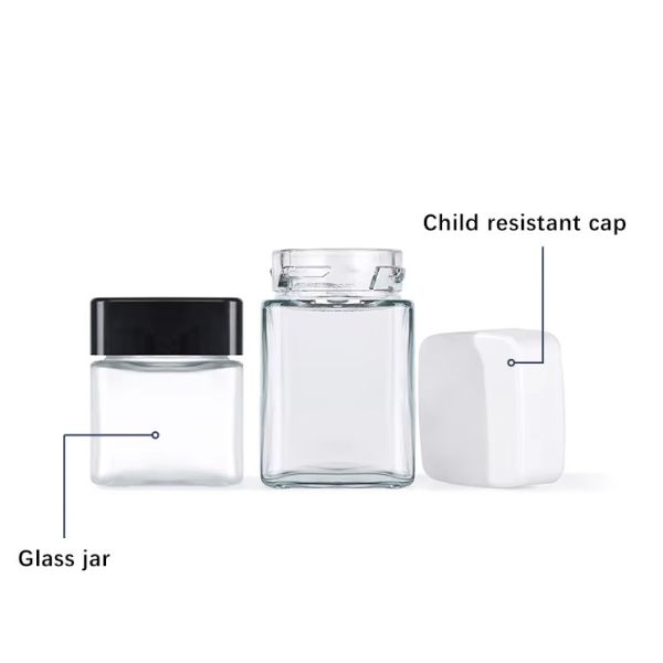 Empty Smell Proof Child Resistant Container 60ml Child Proof Square Glass Jar With CRC Lid