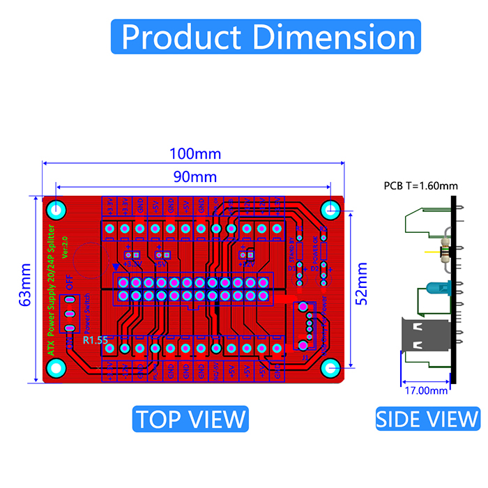 Модуль доски проламывания электропитания Pin ATX 24/20 с портом USB 5V и акриловым основанием