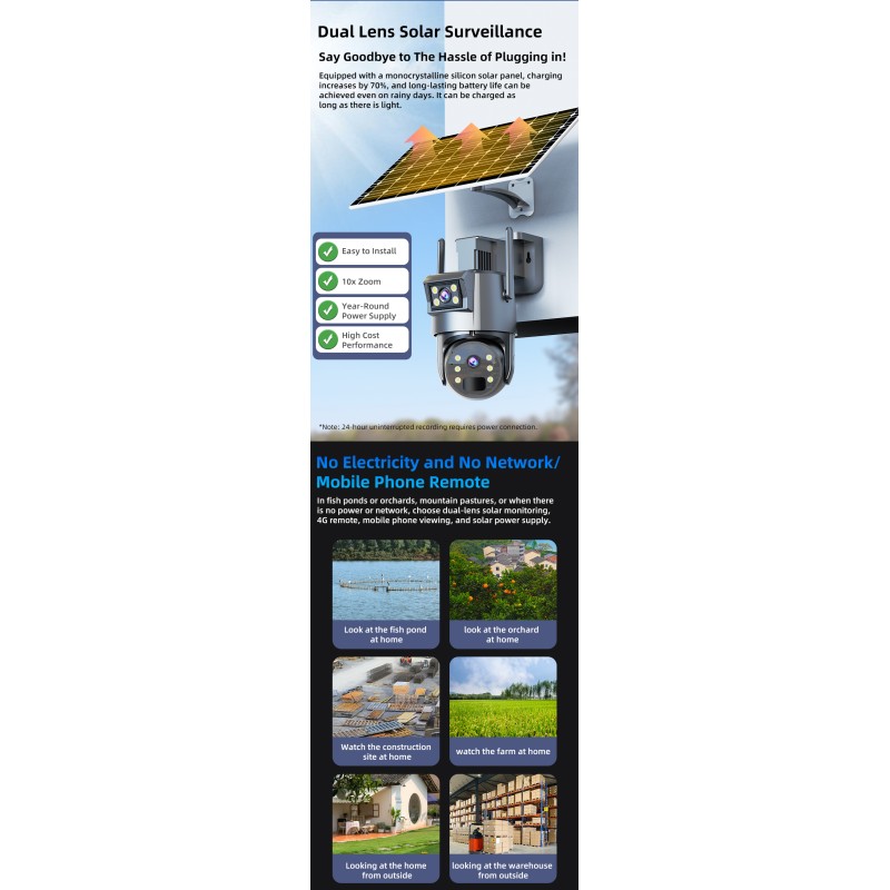 4G Dual Lens Security IP Camera HD 2K 2MP 10X Zoom Motion Detect Solar Powered PTZ CCTV Outdoor Waterproof Camera