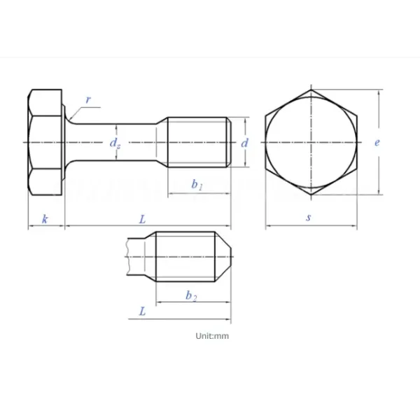 DIN7964 Pernos de espiga reducida con rosca gruesa, espiga acinturada, cabeza hexagonal