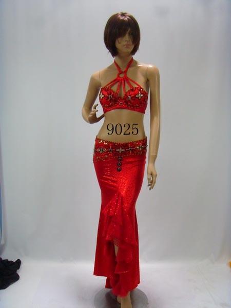 2pcs Halter Neck Red Metallic Belly Dance Performance Wear Bras & Skirt Belly Dance Clothes