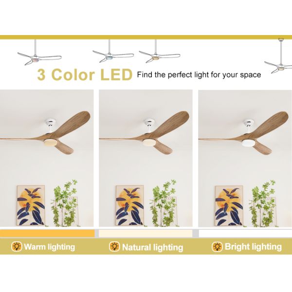 1stshine Ventilador de teto de lâminas de madeira com luz e temperatura de cor de 3000k/4000k/6000k