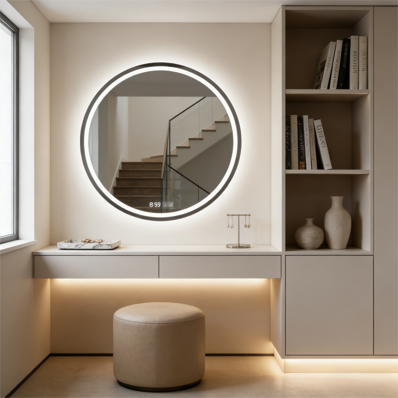Kingstin Round LED Bathroom Mirror with Lights - Anti-Fog Illuminated Vanity Mirror Wall Mounted for Bathroom & Hotel