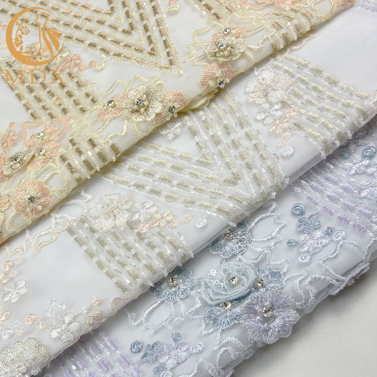 Ткань идеального нейлона ткани Handmade 80% шнурка Applique 3D роскошная вышитая бисером