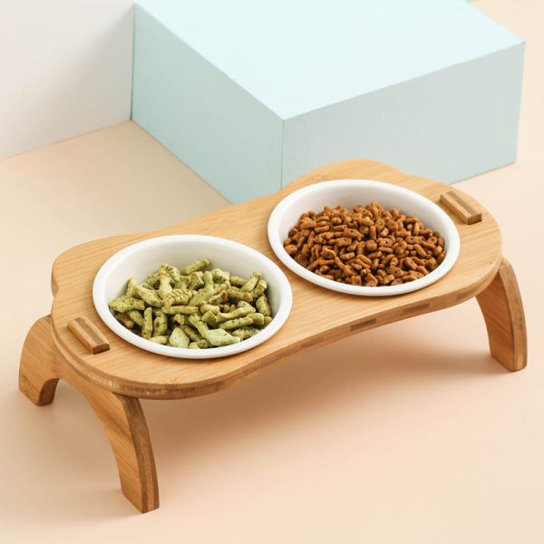 Brazil Bamboo Stand Pet Ceramic Bowl 17*14*8.5cm Paws Fish Double Dog Bowl Stand Ceramic Dog Bowls