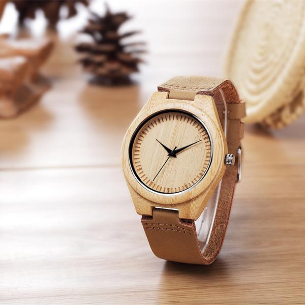 Fashion Design Wooden Quartz Watch , Leather Strap Japan Movement Bamboo Wrist Watch