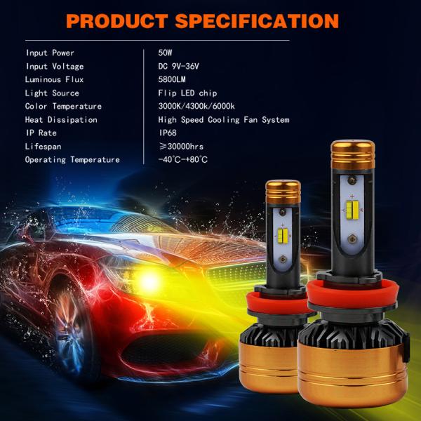 Car Tricolor 3Color LED Headlight Z5 H1 H4 H7 H11 HB3 HB4 100W 5800LM Flip Chips 3000K 4300K 6000K Switchback LED Bulbs