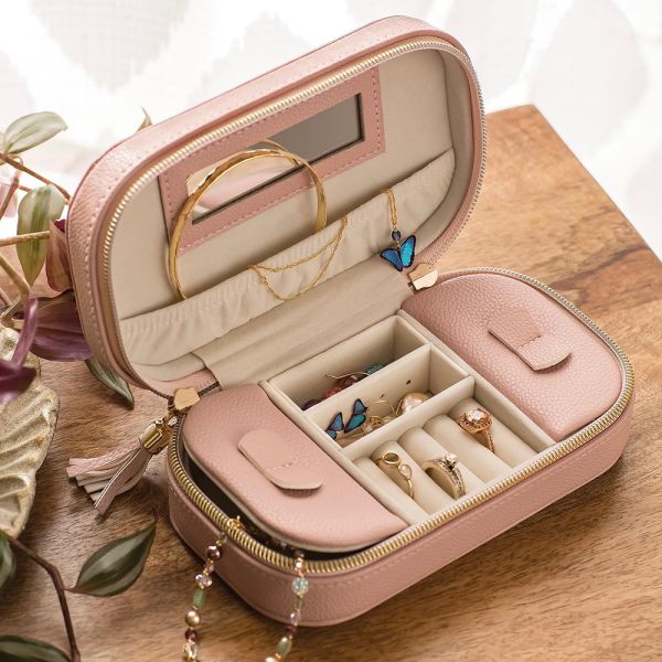 Custom Logo Leather Women's Jewelry Box Makeup Cosmetic Bag Pouch With Mirror