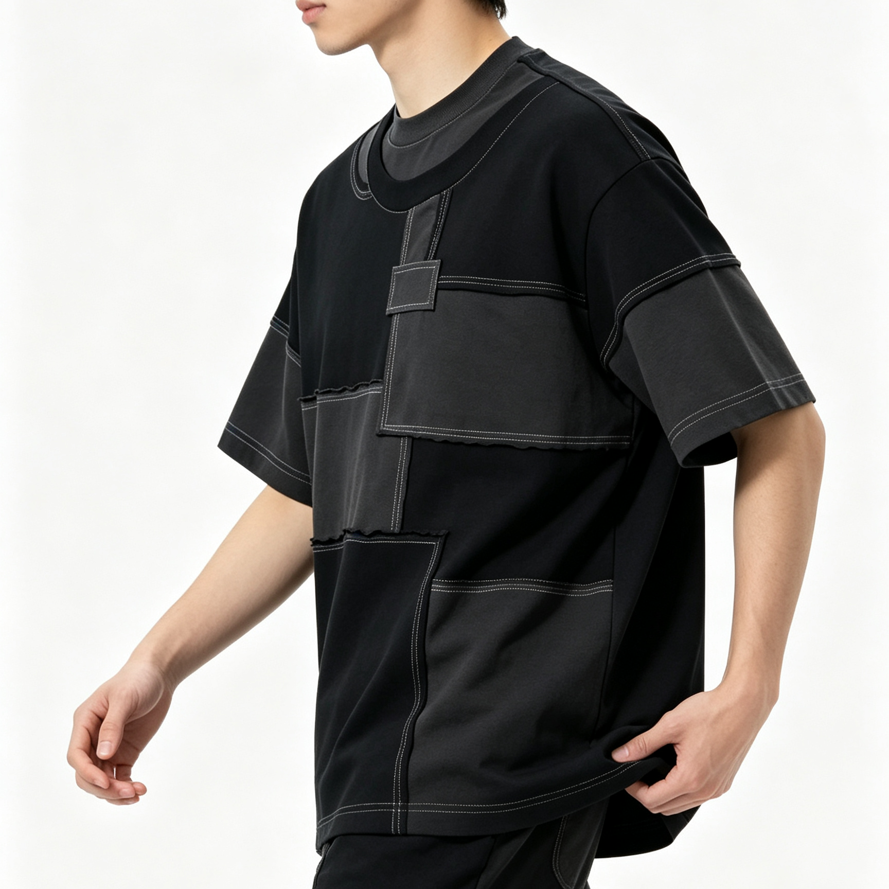 250GSM - 300GSM Basic Crew Neck Tee Patchwork Raw Edge T Shirt Drop Shoulder