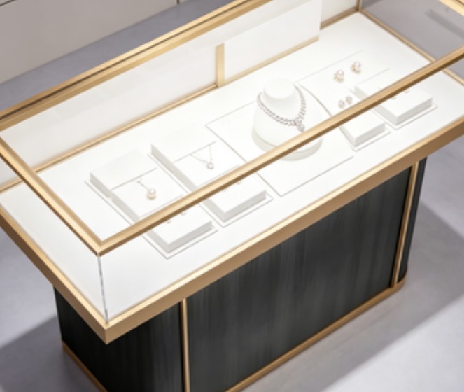 Customized Design Luxury Front Showcase with LED Lighting and Vintage Gold Finish for Jewelry Display