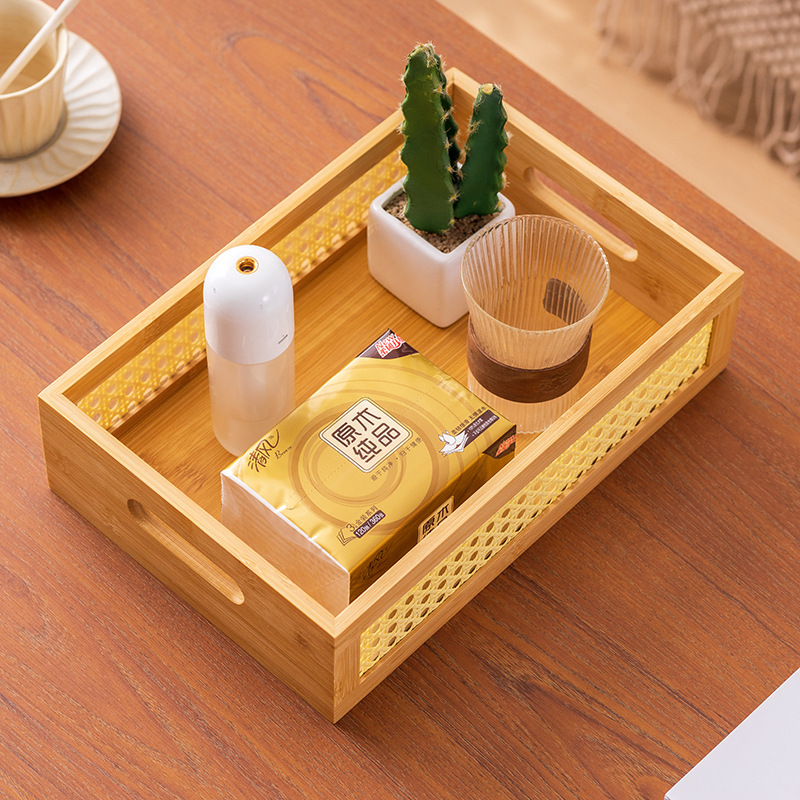 Handmade Modern Trendy Rattan Storage Basket Bamboo Woven Bin with Wooden Frame Handles Rustic Farmhouse Decorative Wicker Box