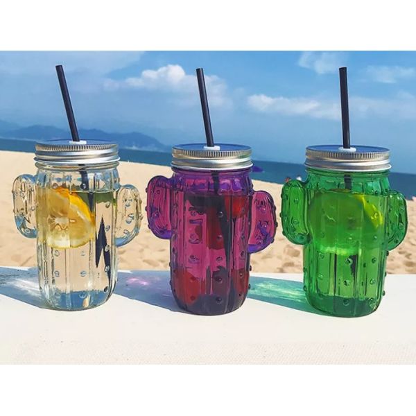 Household Glass Cactus Water Cup Summer Juice Cup With Straw 400ml