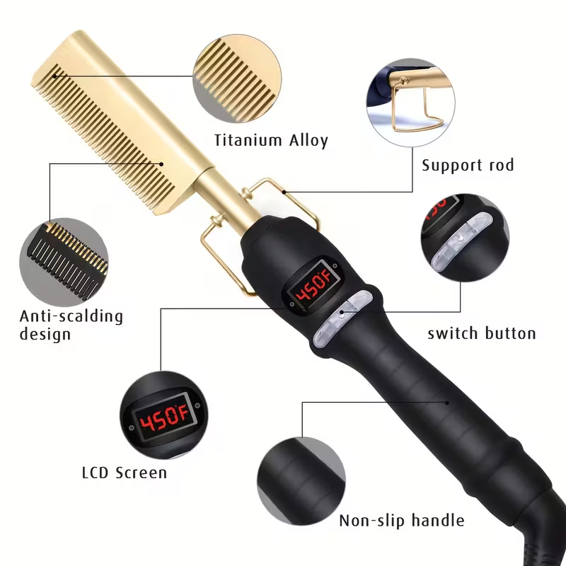 Portable Ceramic Electric Hot Comb Wigs Professional 2-in-1 Hair Straightener Curling Iron Anti-Scald Hotel Household Use 5 Heat