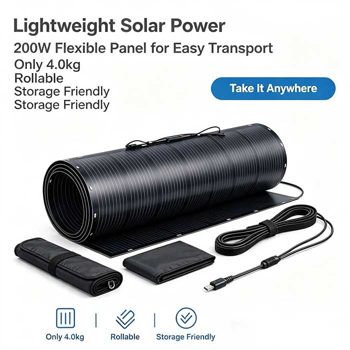 200W Ultra‑Thin Flexible Solar Panel, MC4 Bend‑able Solar Module for RV Roof, Yacht, Camping Solar System