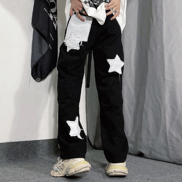 Mens Streetwear Track Pants Applique Graphic Embroidered Patches Acid Wash Mens Joggers