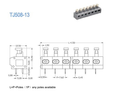 Блок одиночной струбцины весны PCB Screwless палубы терминальный, сооружает 7.62mm 300V 10A