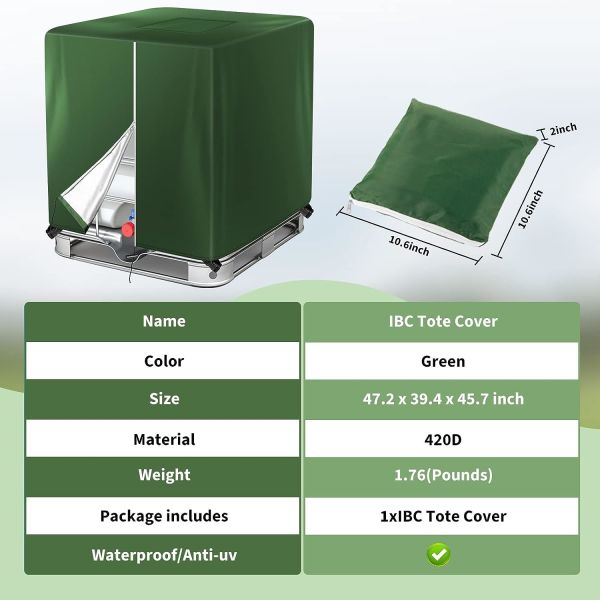 IBC Tote Cover for 1000L Outdoor 275 Gallon Rain Barrel UV Resistant Waterproof Outdoor IBC Covers - Grey GREEN