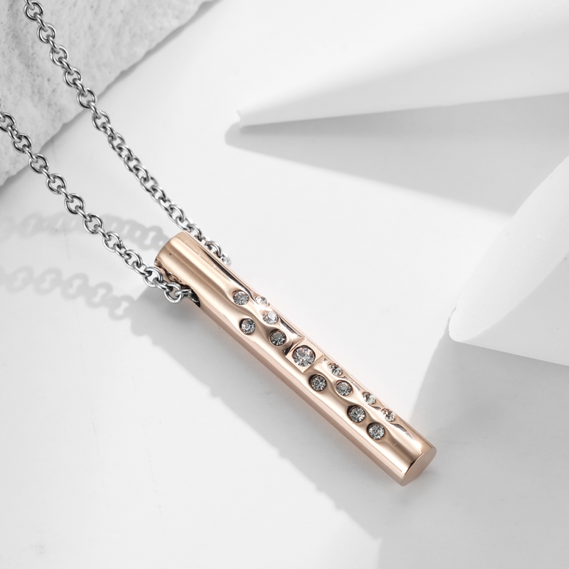 Stainless Steel Link Chain Bar Shape Necklace with Diamond Christian Pendant Rose Gold Plated