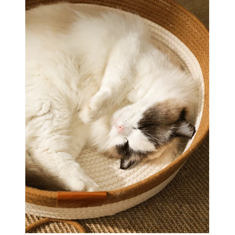 Handmade All-Season Cat Bed Solid Pattern Rattan Woven Pet Nest Winter Warm Removable Washable Pad Scratch Board Small Animals