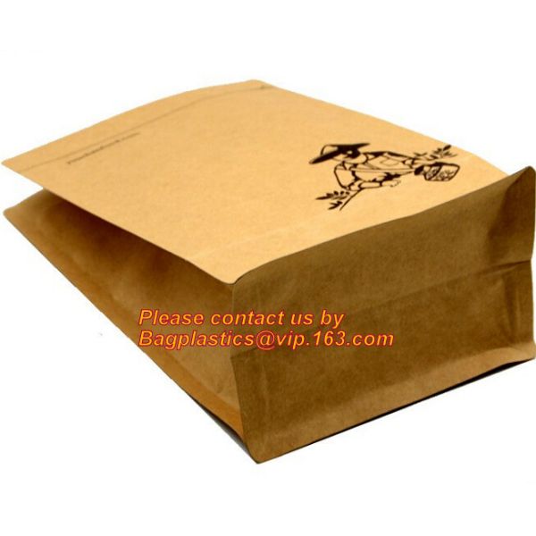custom resealable recyclable kraft paper square bottom zipper bag, standup Zipper seal Kraft Paper Coffee Bag with Side