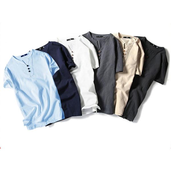 Short Sleeve Male Hemp Cotton Clothing V Neck With Buttons Placket