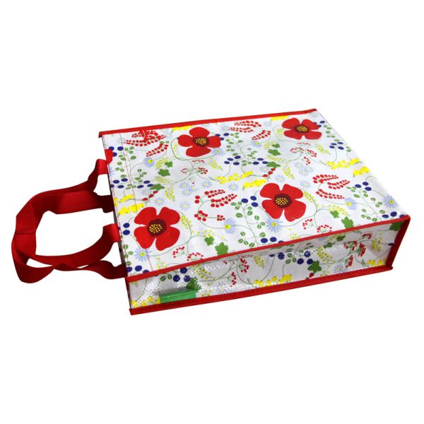 Waterproof 140g Red Flower Shining PP Shopping Bag With Nylon Handle, Customized Logo