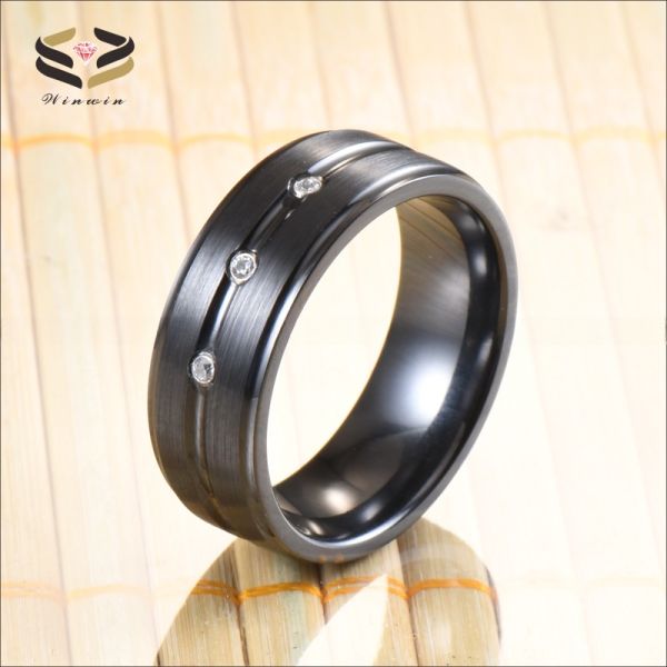 8mm Black Zirconium Ring with Silver CZ Diamond Stones Inlaid Single Groove Men's Wedding Band Plating Color N/A