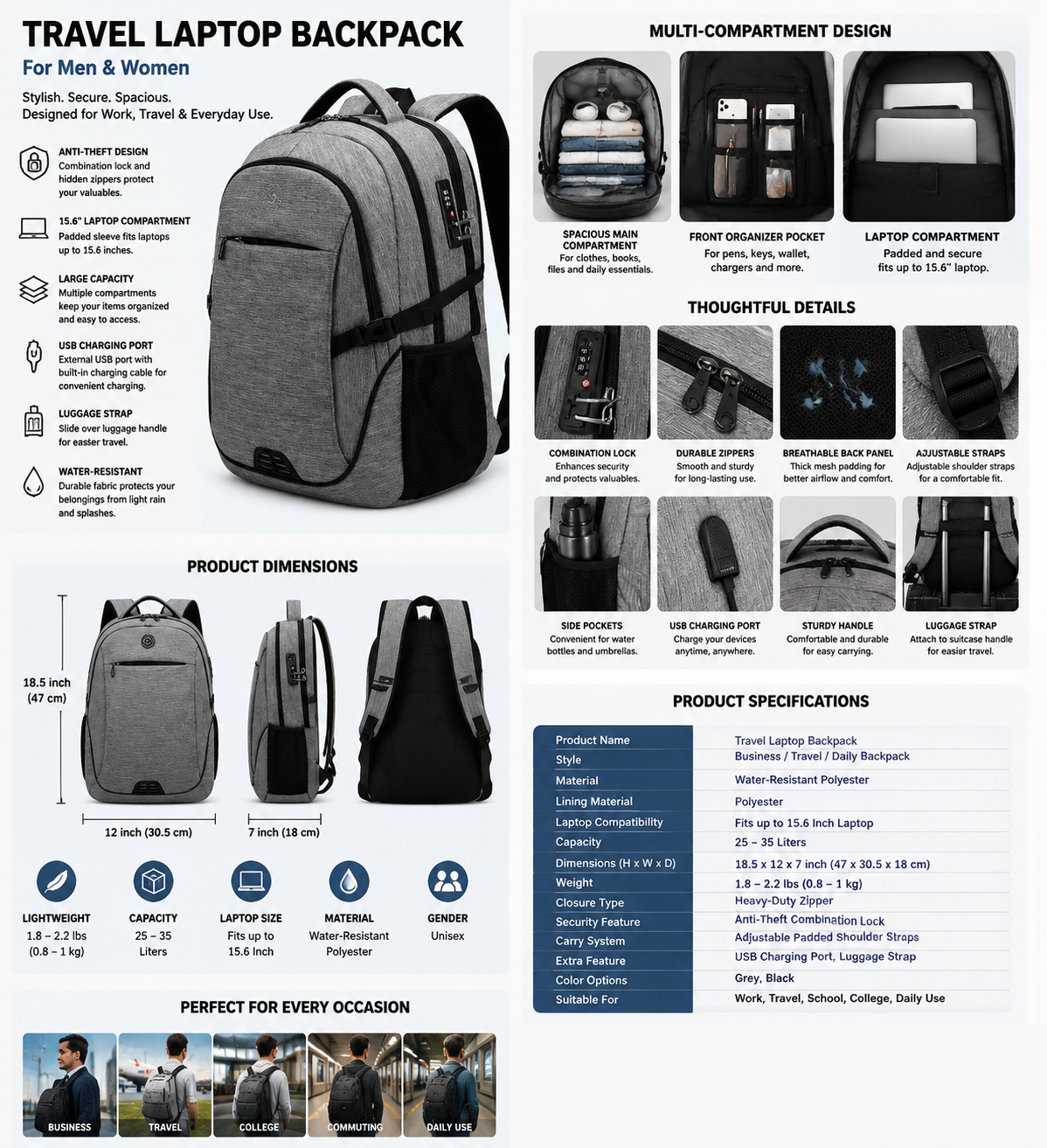 Travel Laptop Backpack for Men & Women, 15.6 Inch Computer Backpack with Multiple Compartments, Lightweight College School Bag for Work, Business & Daily Use