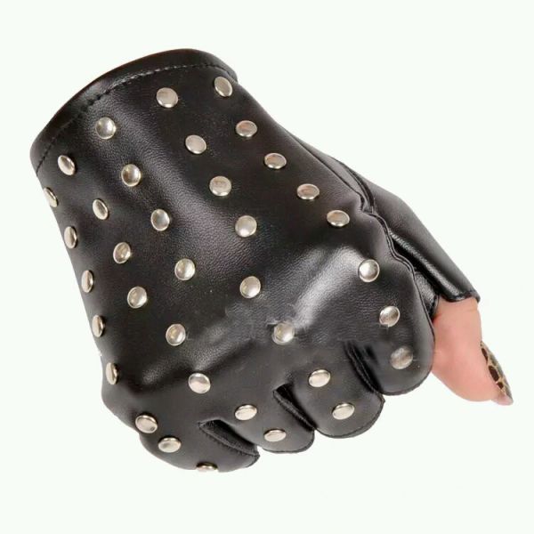 Black PU Leather Studded Lined Biker Punk Driving Fingerless gloves Eyelets Gloves