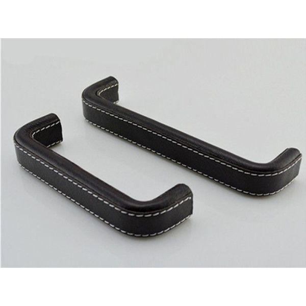 Square Arched Black Leather Furniture Handles Aluminum Cover Leather Pulls Elegant Dresser Knobs