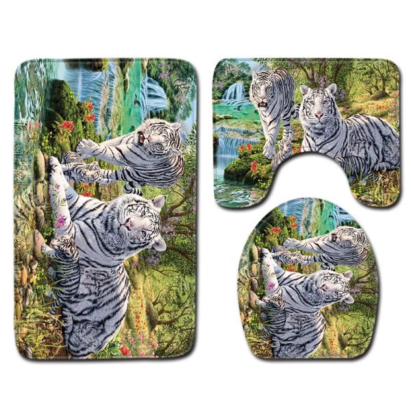 Wild Animal Toilet Seat Cushion Tiger Leopard 3pc Bathroom Rug Set