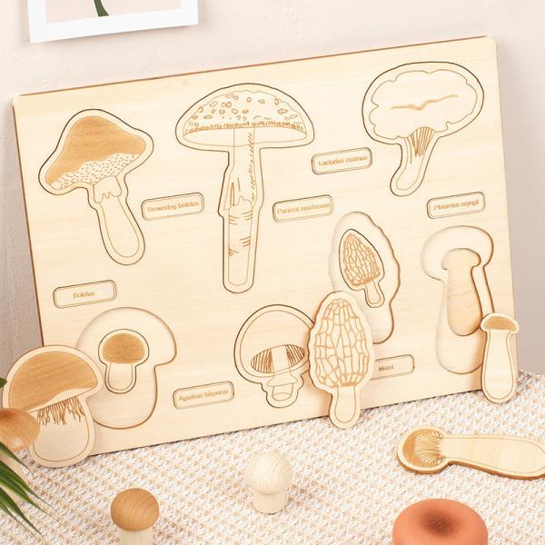 Montessori Jouet en bois Puzzle du cycle de croissance des champignons & Puzzle du dinosaure en bois