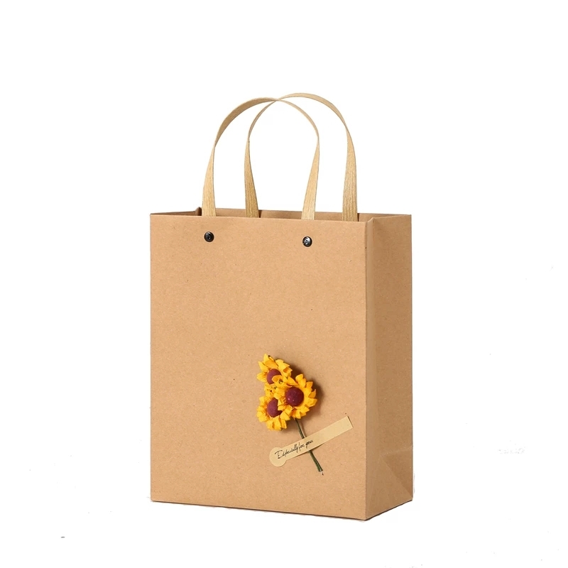 Kraft Paper Gift Bags With Handle And Decorative Flowers For Retail Packaging