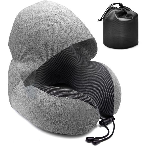 PORTABLE U-shaped Travel Neck Pillow with Hood Breathable High Density Neck Cushion