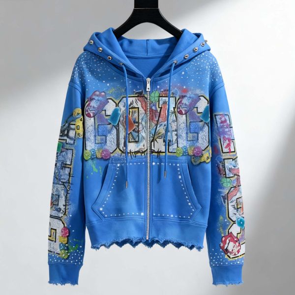 Manufacturer Custom Men's Designer Heavyweight Acid Wash Rhinestone Hoodie Distressed Zip up Cropped Oversized Streetwear Hoodie